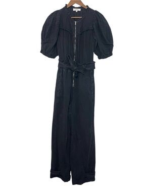 Sea New York Black Denim Jumpsuit Zip Front Puff Sleeve Belted Size 6